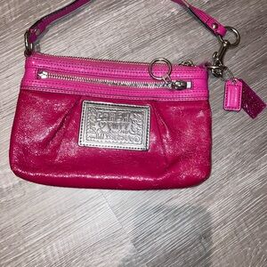 Coach Pink Poppy Leather Wristlet with Silver Accents